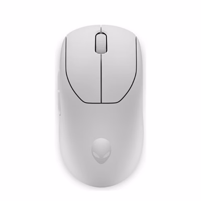 Valge Dell Alienware Pro mängurihiir pealtvaates valgel taustal