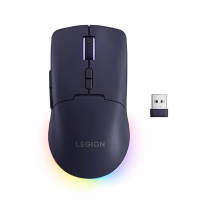 Lilla mängurihiir Lenovo Legion M220 pealtvaates koos USB-vastuvõtjaga ja helendava RGB-valgusega