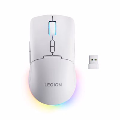 Valge mängurihiir Lenovo Legion M220 pealtvaates koos USB-vastuvõtjaga