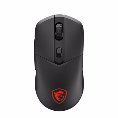 Must MSI VERSA 300 ELITE WIRELESS mängurihiir pealtvaates punase logoga