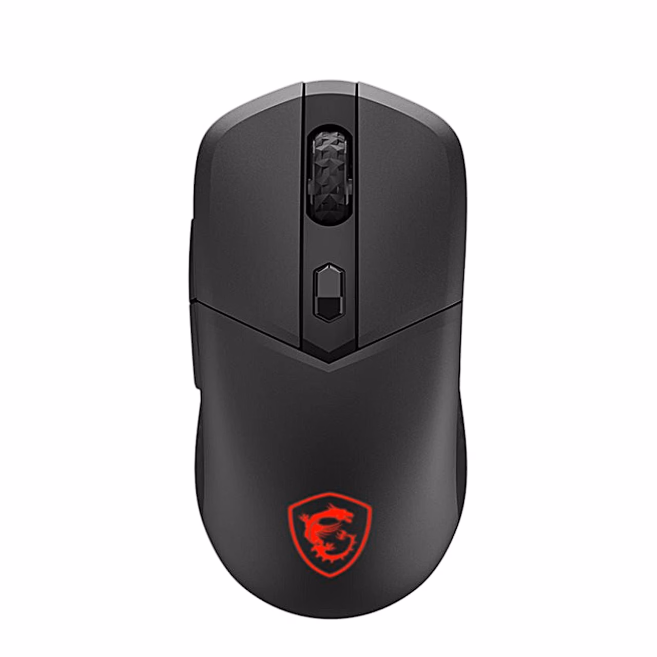Must MSI VERSA 300 ELITE WIRELESS mängurihiir pealtvaates punase logoga
