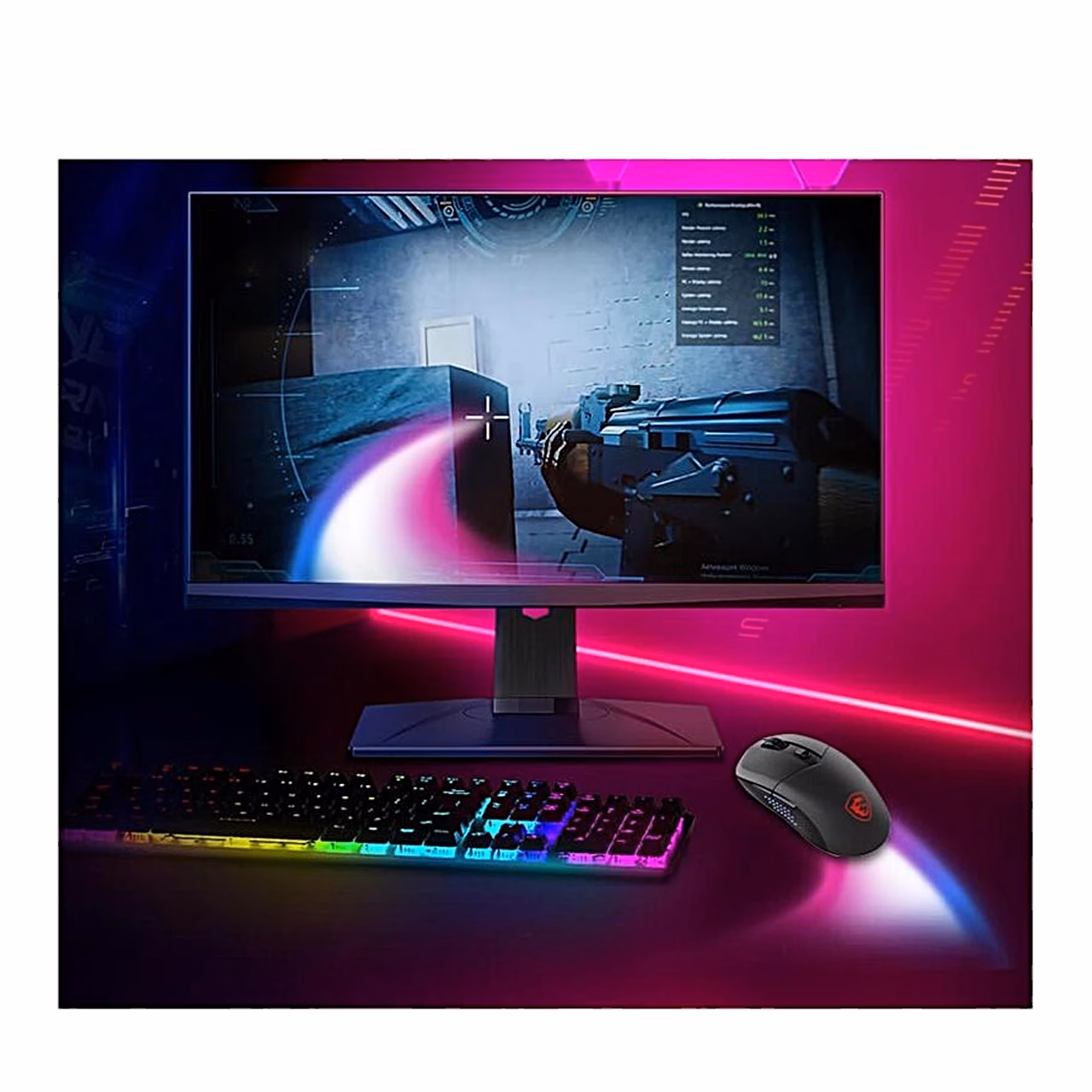 MSI VERSA 300 ELITE WIRELESS hiir laual monitori ja valgustatud klaviatuuri ees