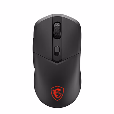 Must juhtmevaba mängurihiir MSI VERSA 300 WIRELESS 8K pealtvaates punase logoga