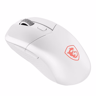 Valge juhtmevaba mängurihiir MSI VERSA 300 WIRELESS punase draakonilogoga viltu pealtvaates
