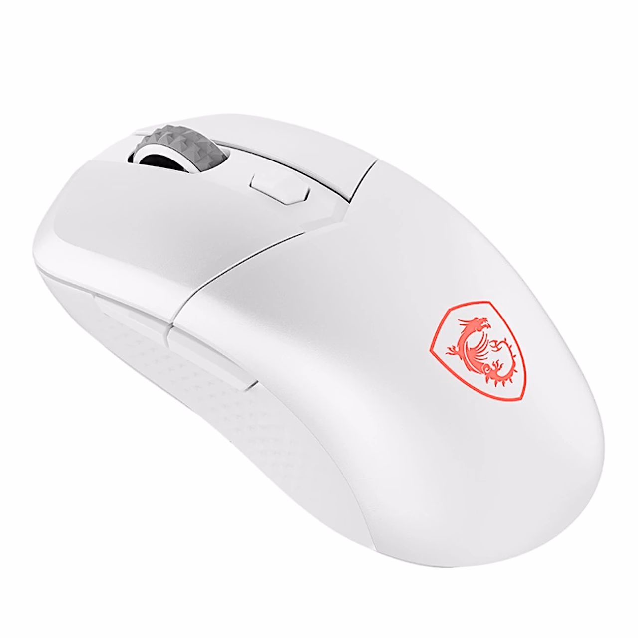 Valge juhtmevaba mängurihiir MSI VERSA 300 WIRELESS punase draakonilogoga viltu pealtvaates