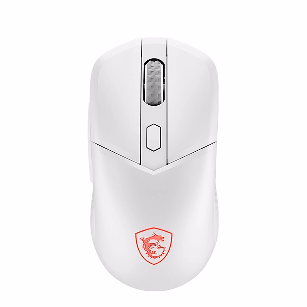 MSI VERSA 300 WIRELESS valge hiir otse pealt, nähtavad kerimisratas ja DPI-nupp