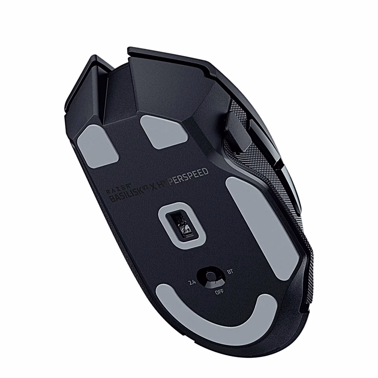 Mängurihiire Razer Basilisk V3 X HyperSpeed põhi, optiline andur ja libisemisjalad