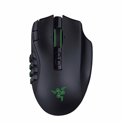 Optiline hiir Razer Naga V3 Pro ülaltvaates, must korpus ja roheline logo