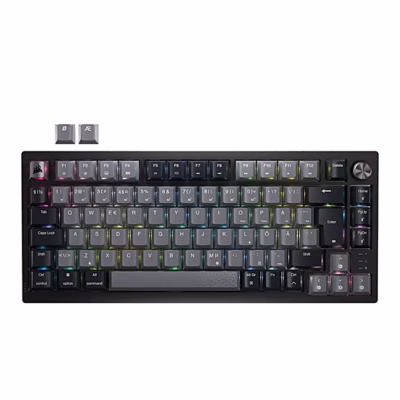 Corsair K65 PLUS mänguriklaviatuur pealtvaates RGB-valgustuse ja hallide klahvikatetega