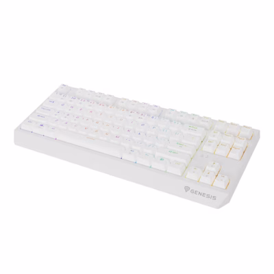 Valge mänguriklaviatuur Genesis Thor 230 TKL Wireless RGB-valgusega, nurgavaade