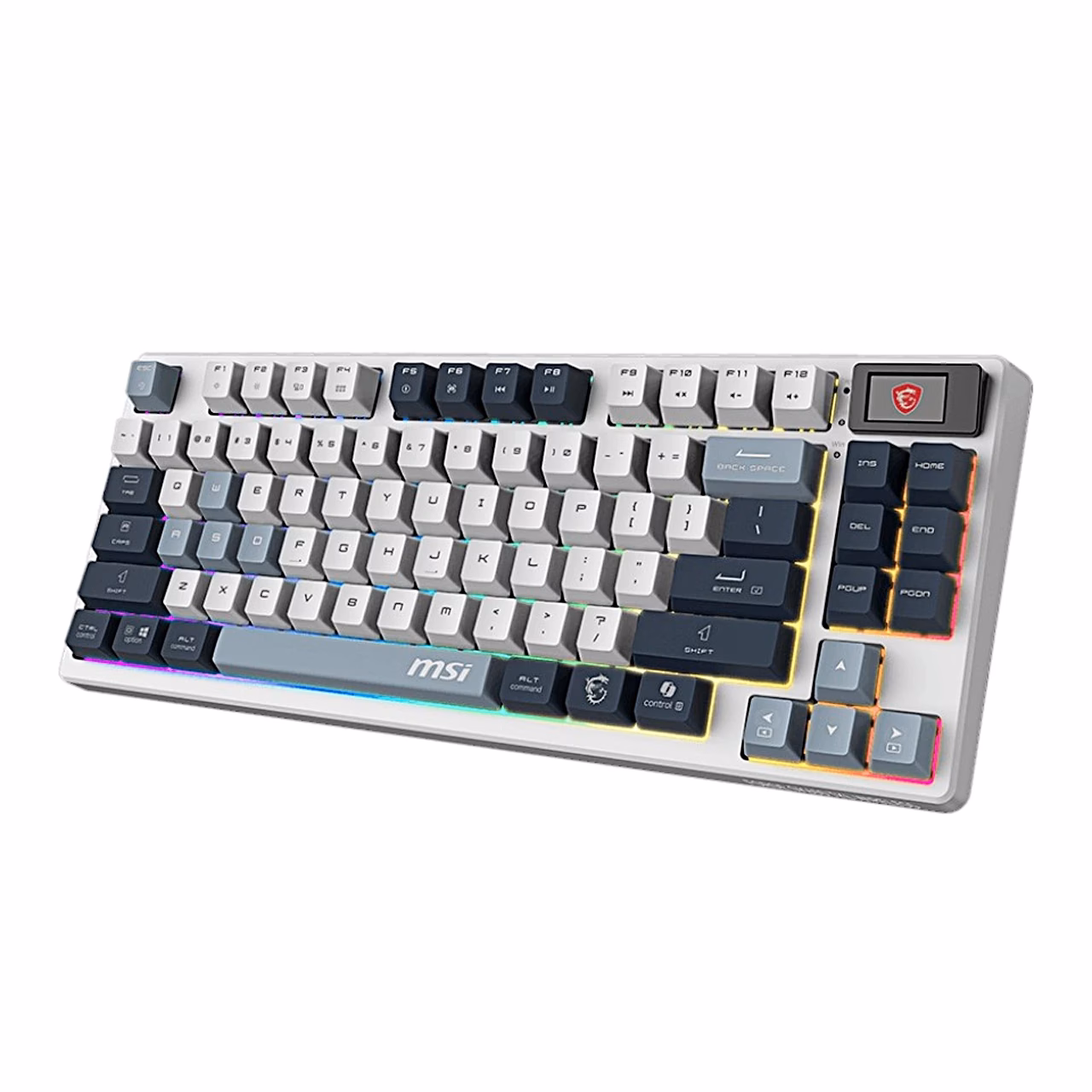 Mehaaniline klaviatuur MSI FORGE GK600 TKL WIRELESS SKY paremalt, nähtav ekraan ja nooleklahvid