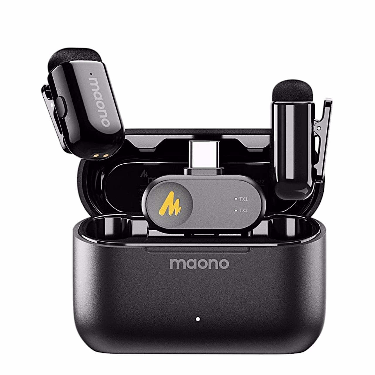 Nööpmikrofon Maono WM622 PC2 avatud laadimiskarbis, keskel USB-C-vastuvõtja