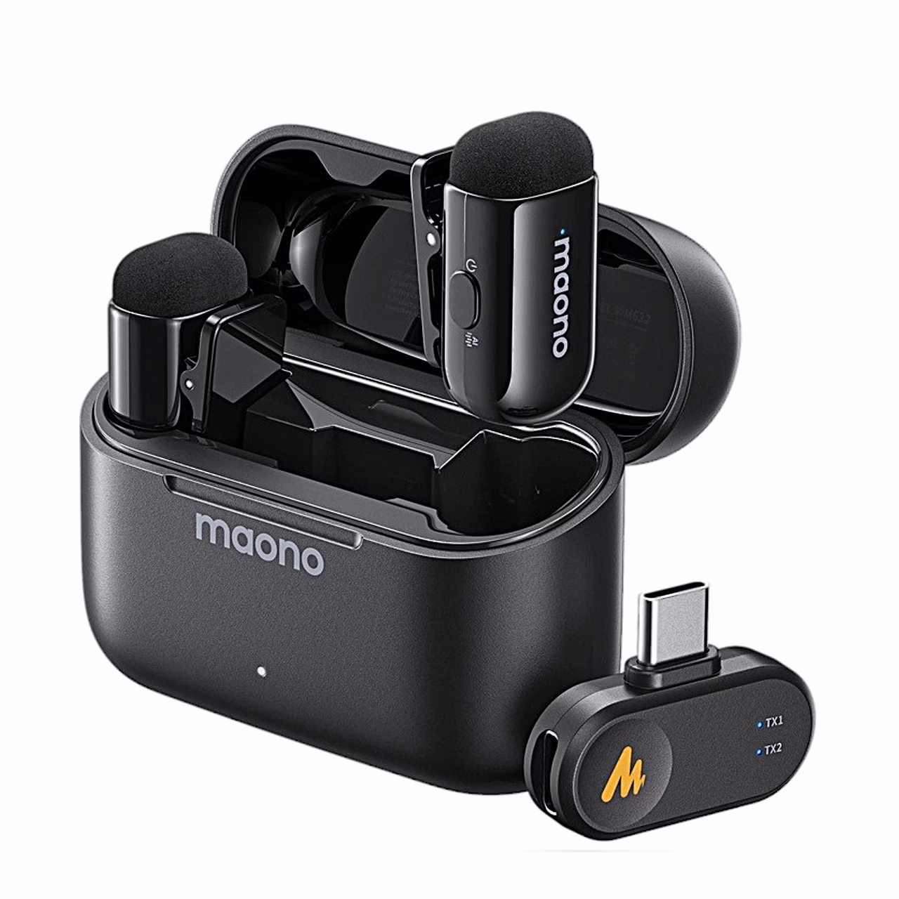 Maono WM622 PC2 saatjad laadimiskarbis, kõrval USB-C-vastuvõtja külgvaates