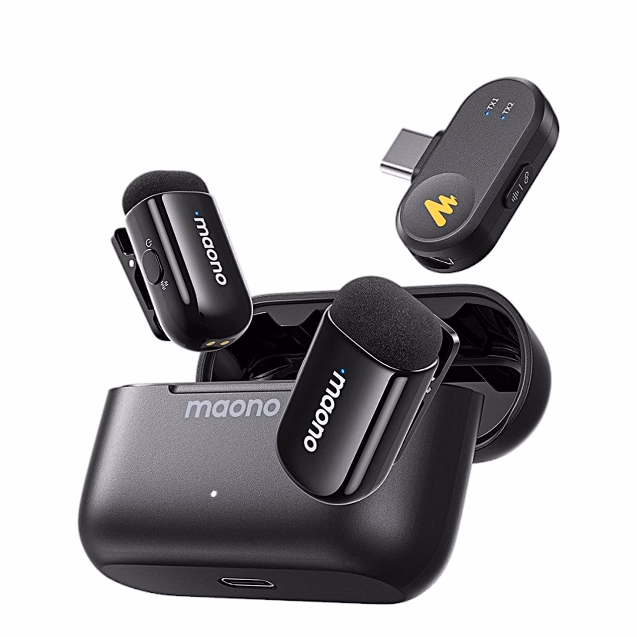 Maono WM622 PC2 klambriga saatjad ja USB-C-vastuvõtja suletud laadimiskarbi juures