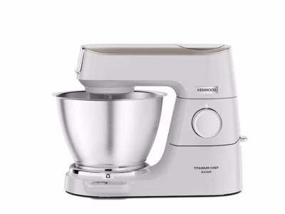 Köögikombain Kenwood Titanium Chef Baker KVC65.001WH külgvaates, roostevabast terasest kauss kaaluga alusel
