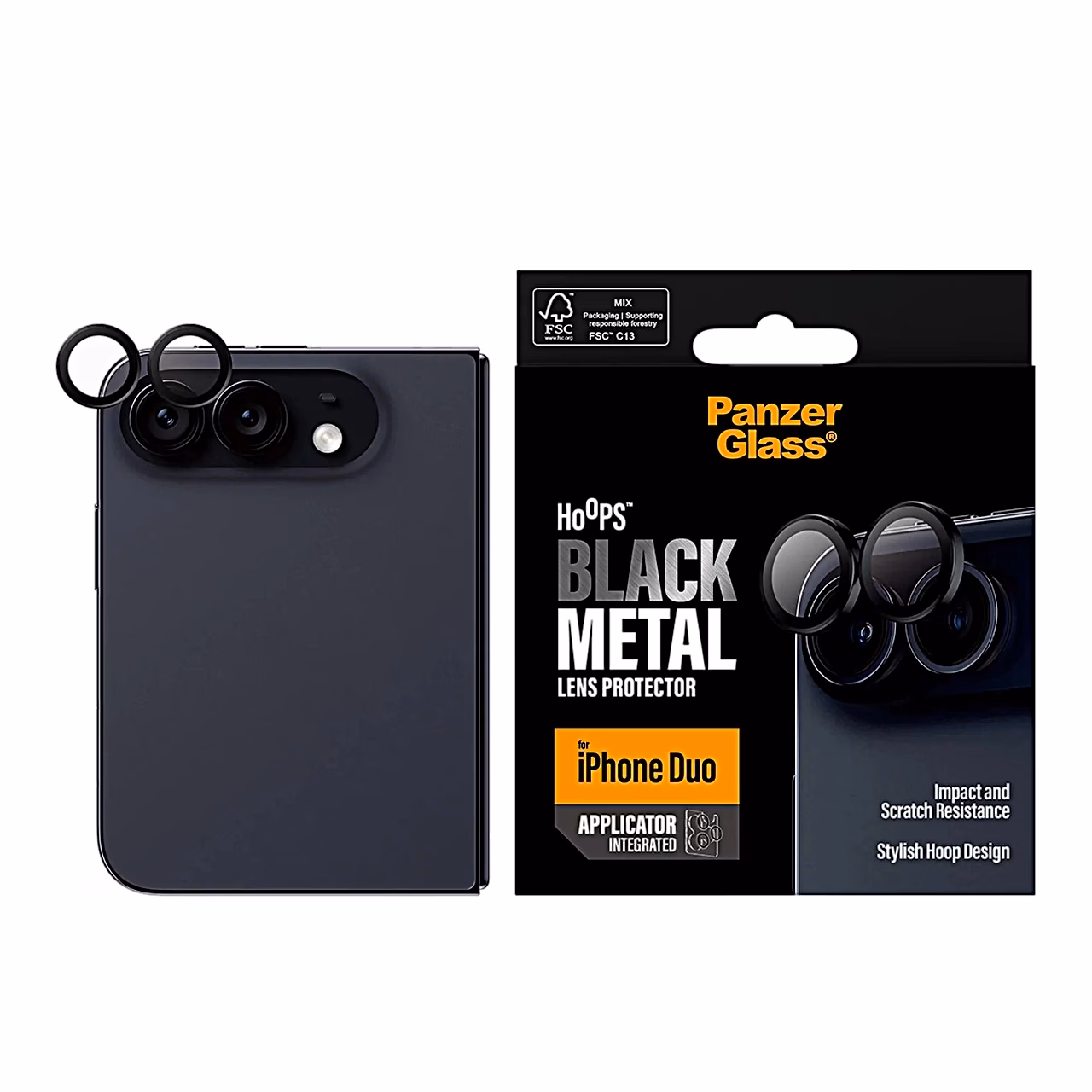 Volditav iPhone Duo PanzerGlass Hoops kaitserõngastega ja toote pakend