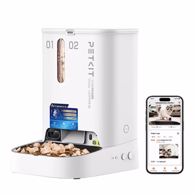 Valge automaatne söötja PETKIT YumShare Dual-hopper 2 koos rakendusega nutitelefonis