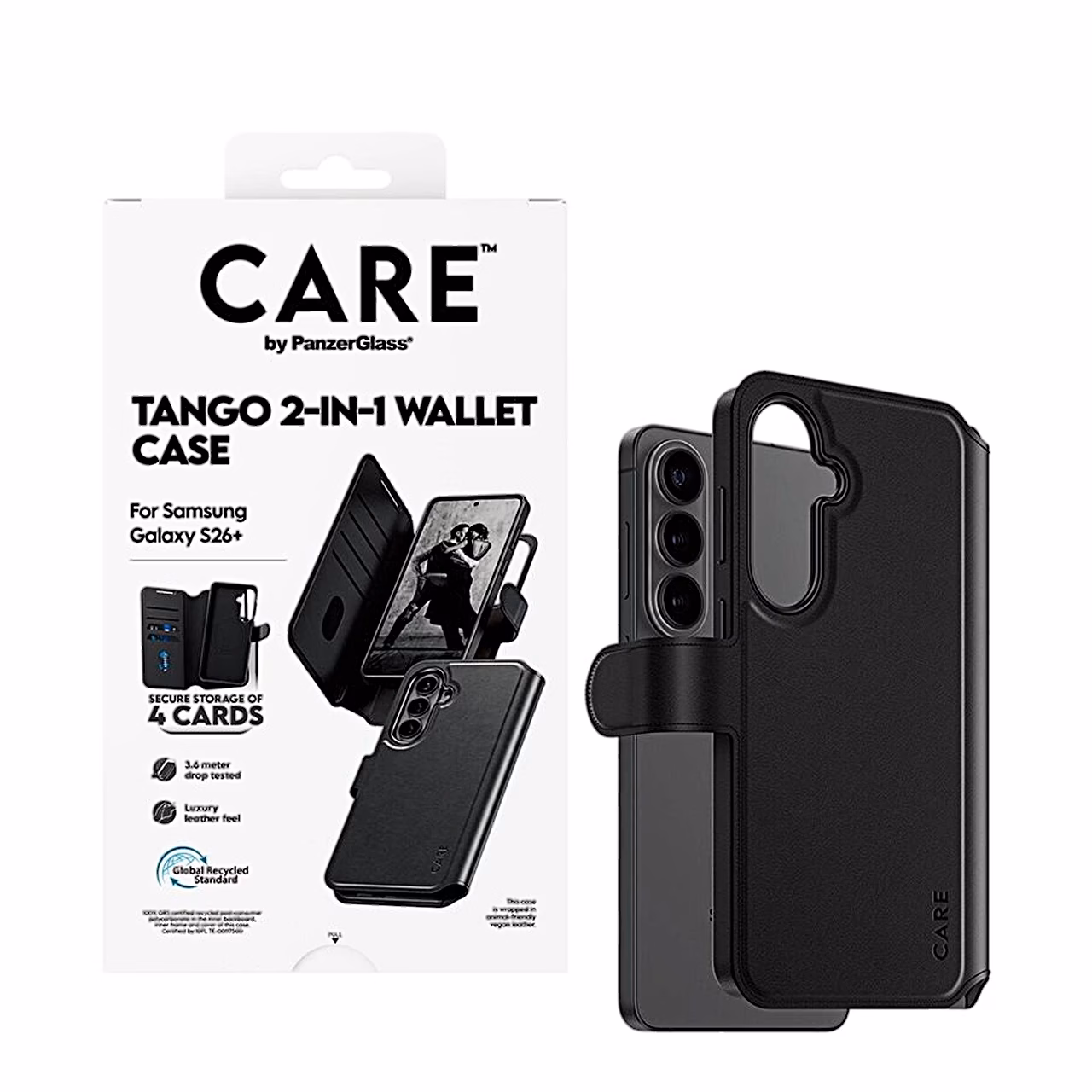 Tango 2-in-1 müügipakend ja must ümbris Galaxy S26+ jaoks küljelt