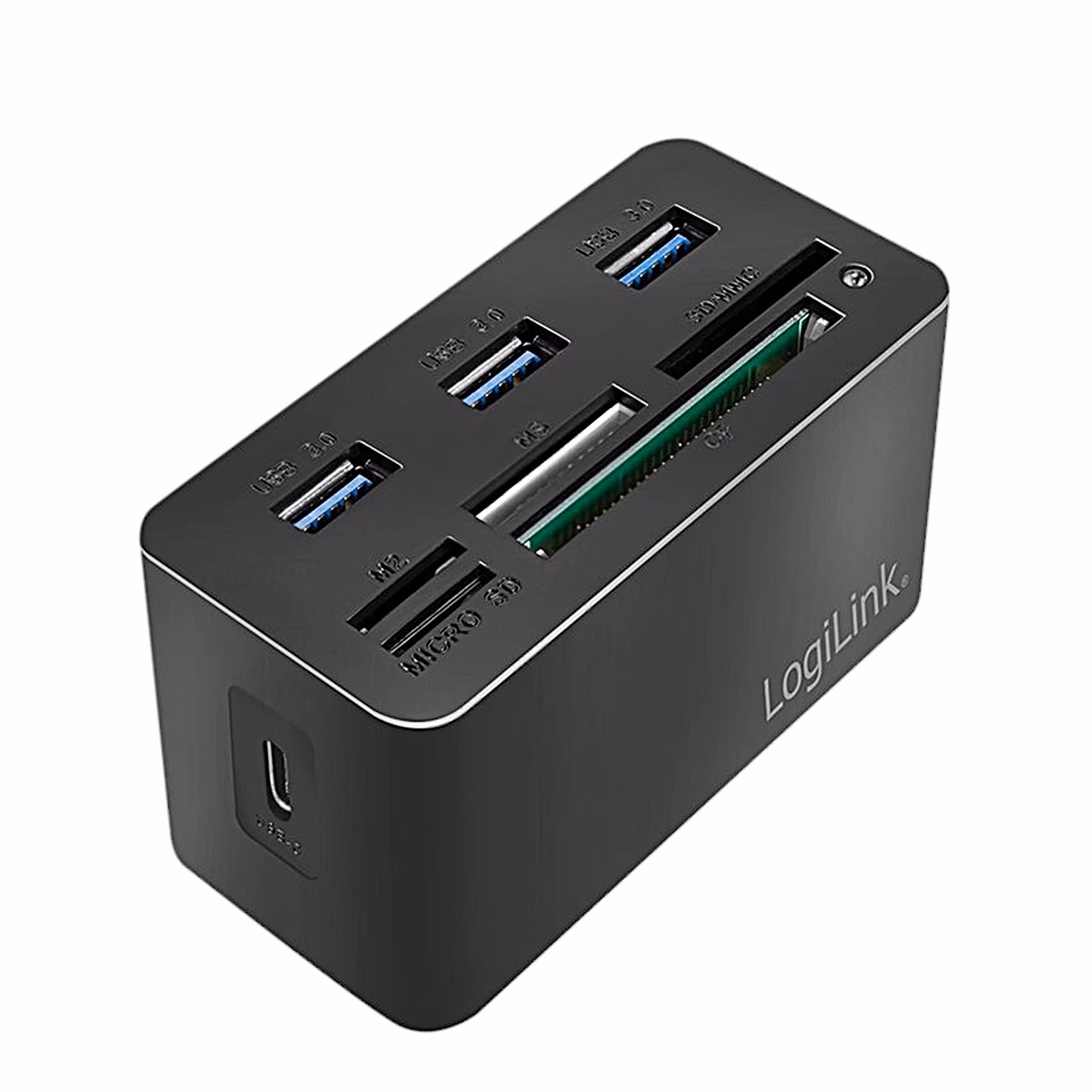 Must USB-C-jagaja Logilink CR0046 kolme USB-A-pordi ja kaardipesadega