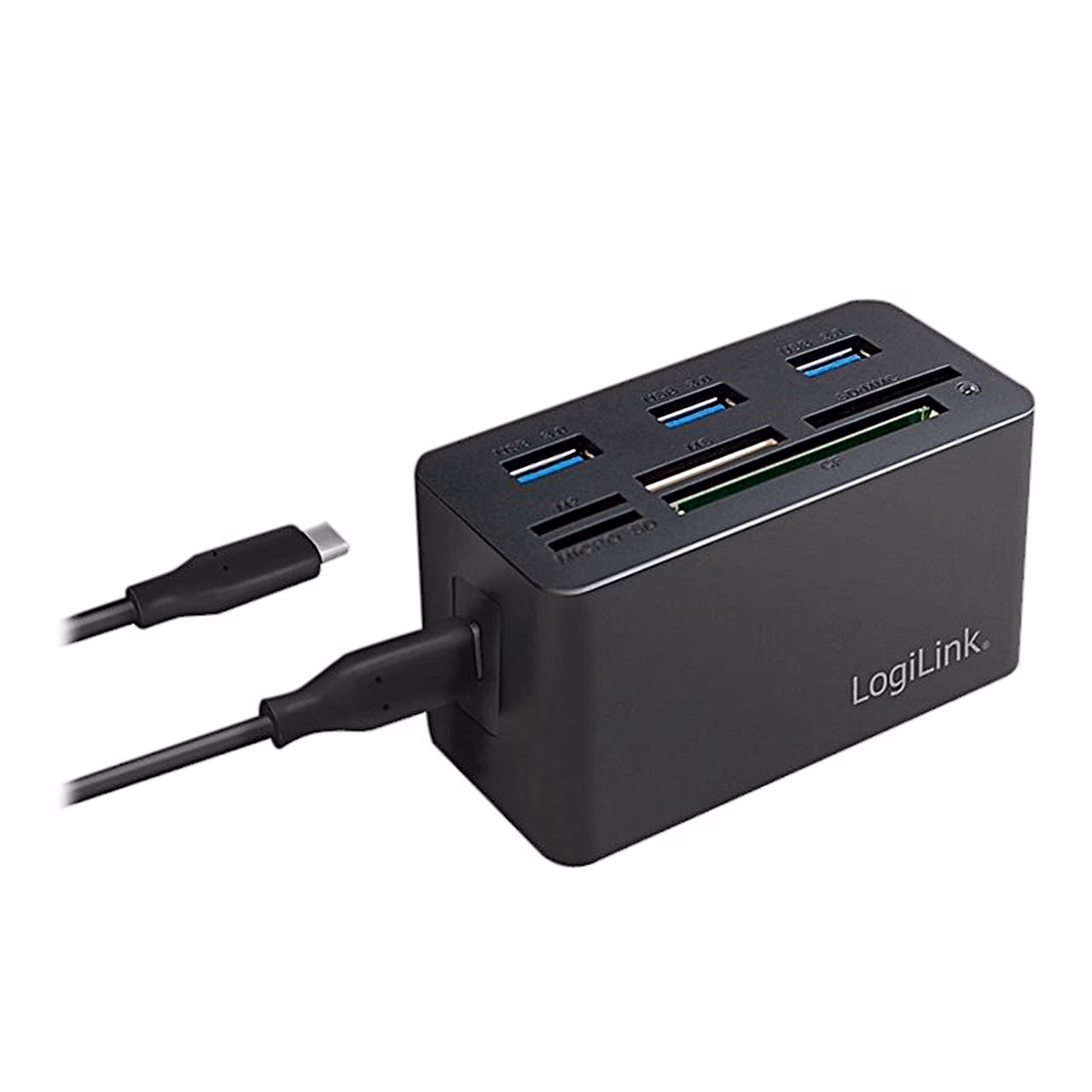 Logilink CR0046 USB-C-kaabliga ühendatuna, pealmisel paneelil kolm porti