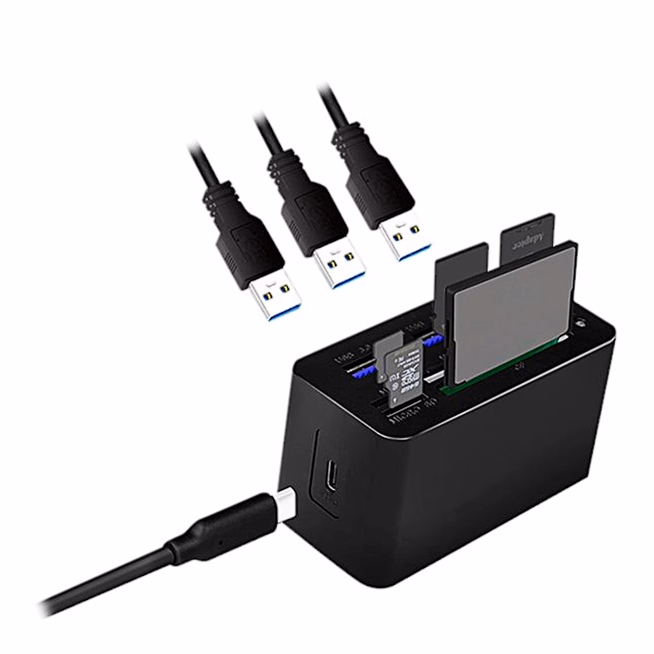 Logilink CR0046 sisestatud USB-pistikute ja mälukaartidega
