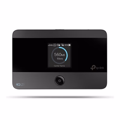 Must kaasaskantav 4G-ruuter TP-Link M7350 ekraani ja toitenupuga eestvaates