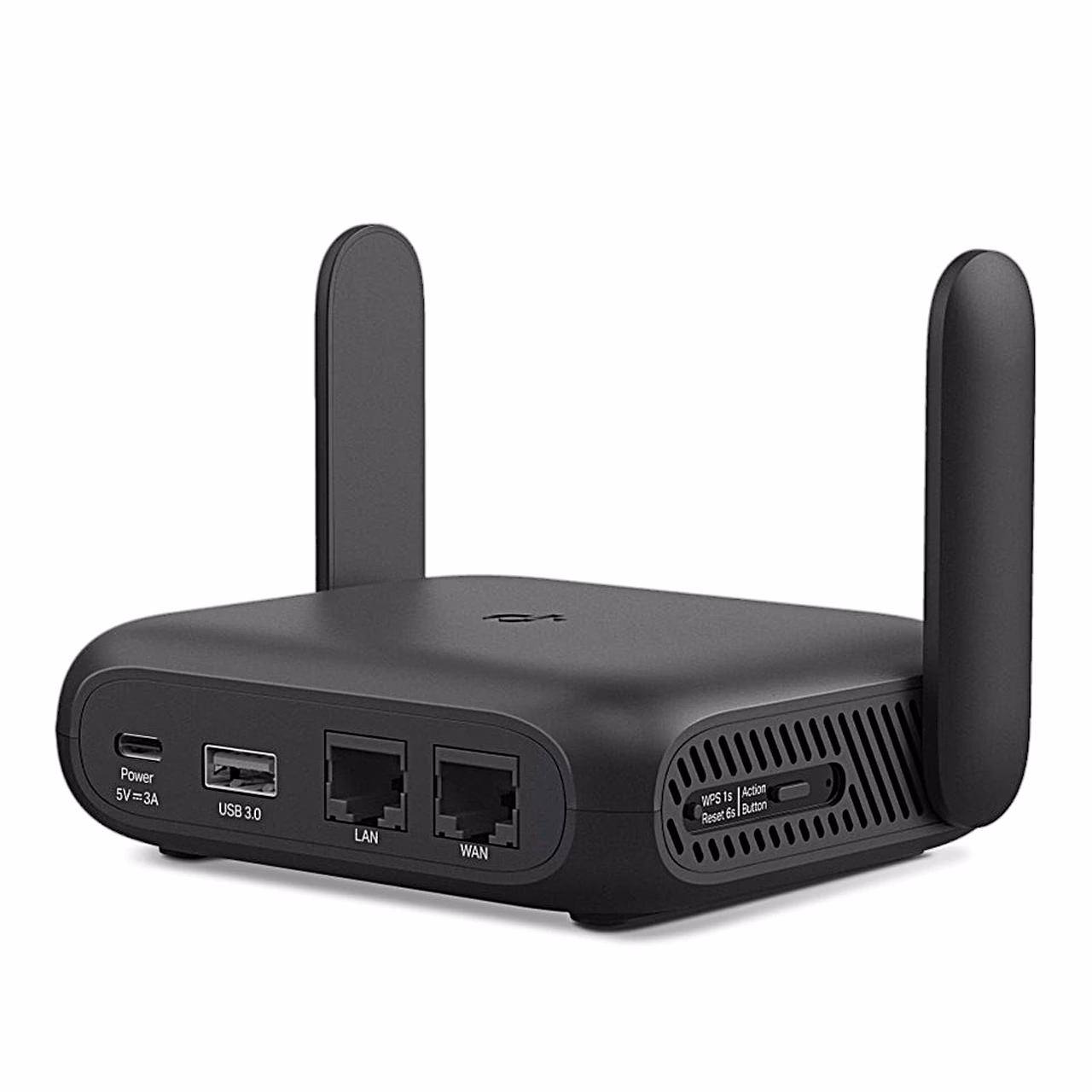 TP-Link Roam 6 TL-WR1512X tagakülg USB-C, USB-, LAN- ja WAN-pordiga nurga alt