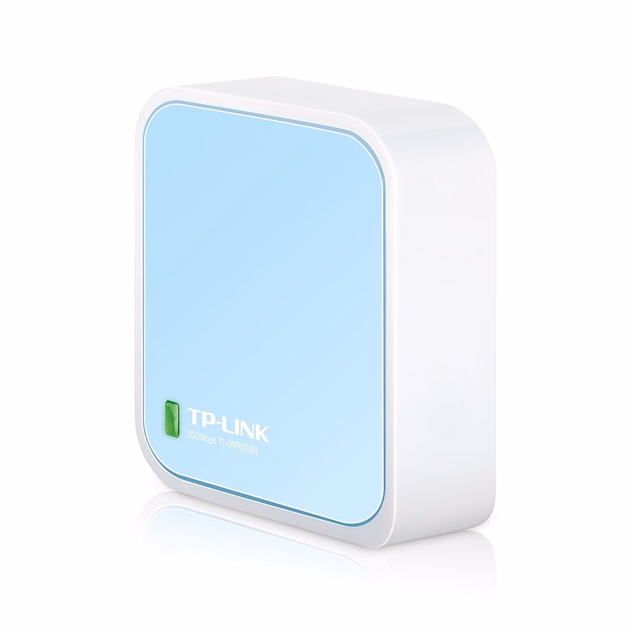 Kaasaskantav wifi-ruuter TP-Link TL-WR802N helesinise pealmise paneeliga, eestvaade