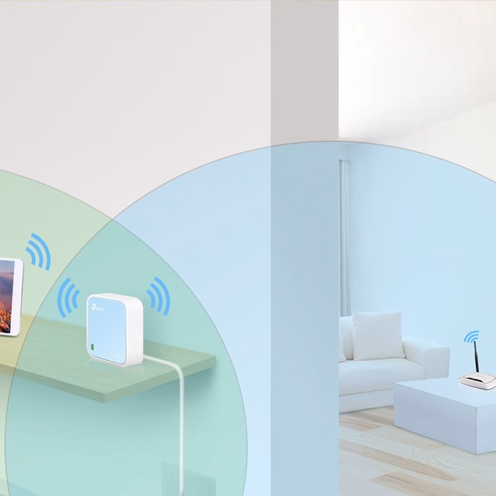 TP-Link TL-WR802N ruuter riiulil korteris koos wifi-leviala joonisega