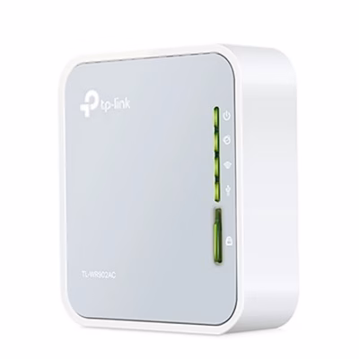 Kaasaskantav WiFi-ruuter TP-Link TL-WR902AC püstiasendis, esikülg märgutuledega