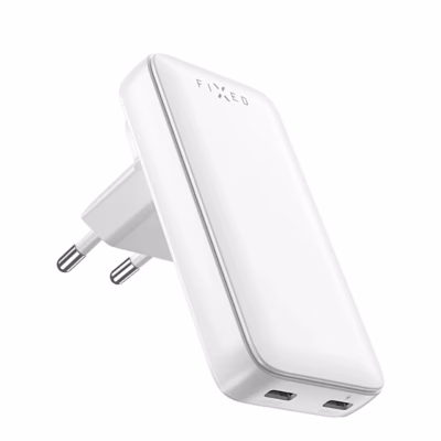 Valge seinalaadija FIXED Slim Traveller EU adapteriga, kaks USB-C-porti