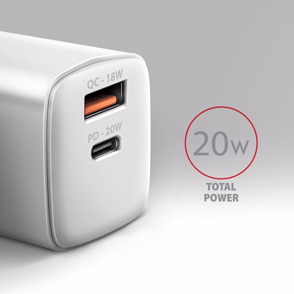 AXAGON ACU-PQ20W pordid tähistega QC 18 W ja PD 20 W lähivaates