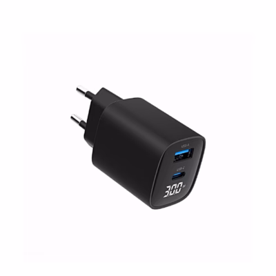 Must seinalaadija Gembird TA-UC-PDQC30LCD-BK-01, USB-A- ja USB-C-port ning ekraan