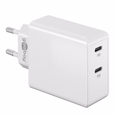 Valge kahe USB-C-pordiga seinalaadija Goobay 61758 europistikuga külgvaates