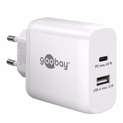 Valge kahe pordiga seinalaadija Goobay 65412, USB-C PD 45 W ja USB-A 12 W
