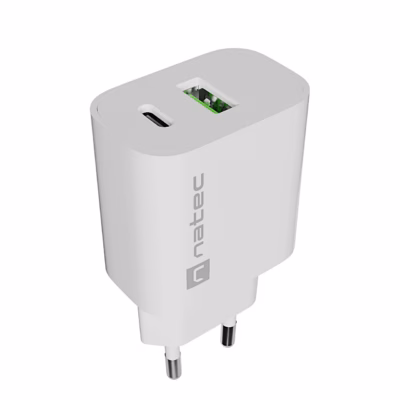 Valge seinalaadija Natec Ribera ülalt, näha USB-C- ja USB-A-port