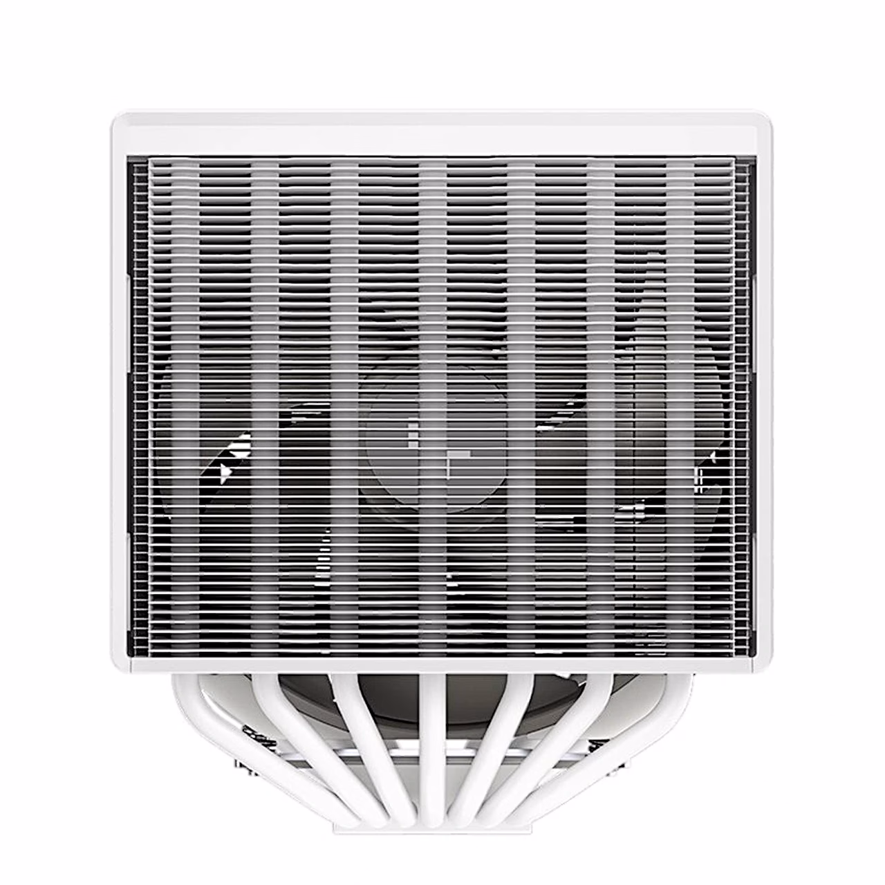 Õhkjahuti DeepCool ASSASSIN 4S WH otsevaade eest, ventilaator ribide taga