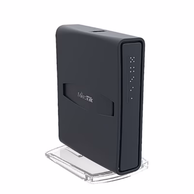 Kahesageduslik wifiruuter MikroTik hAP ac lite tower püstiasendis läbipaistval alusel