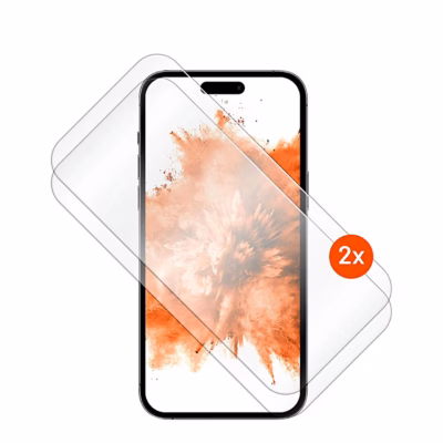 Kaks läbipaistvat FIXED kaitseklaasi iPhone 17 Pro ekraani kohal