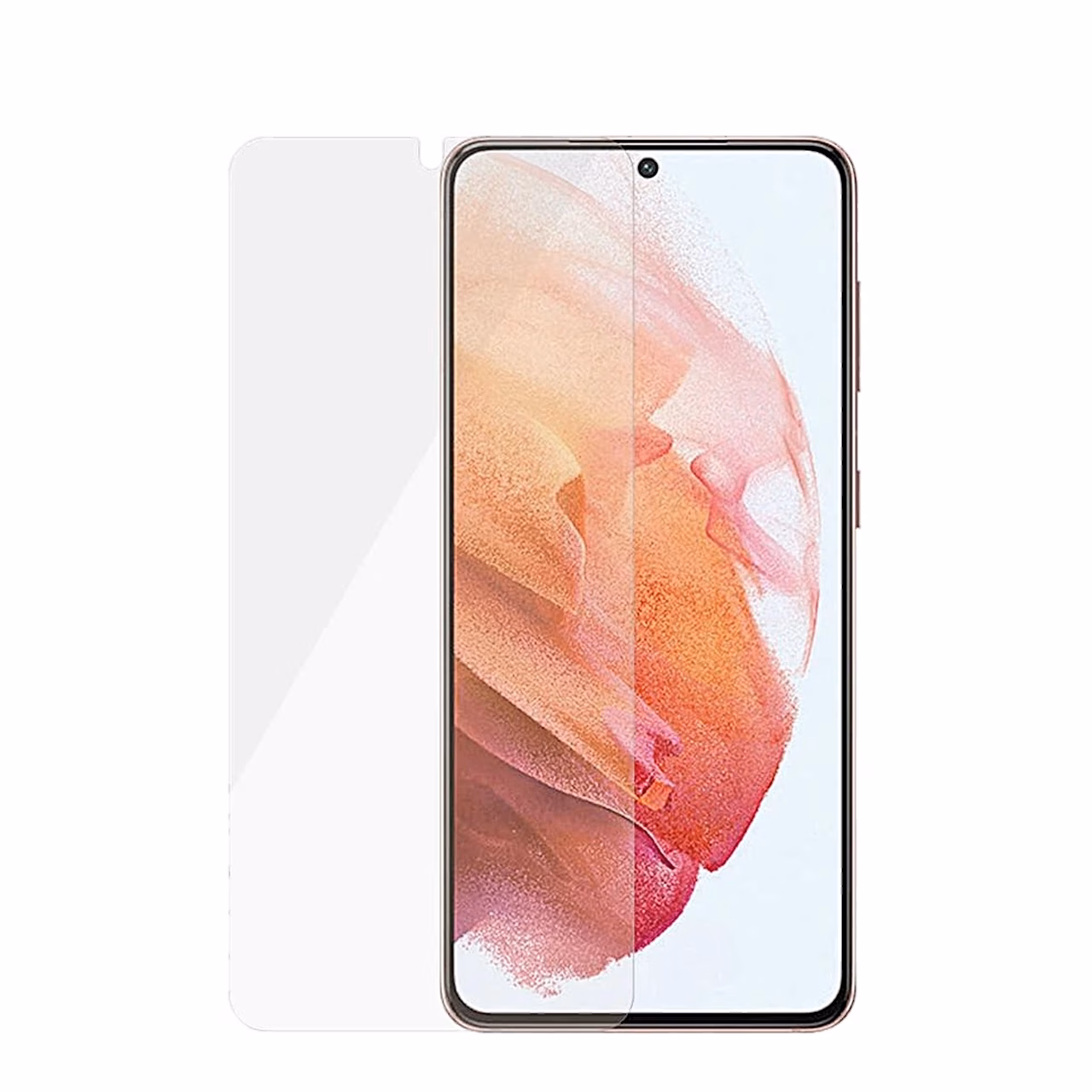 PanzerGlass kaitseklaas ja Samsung Galaxy S21 5G esikülg osaliselt kattuvalt