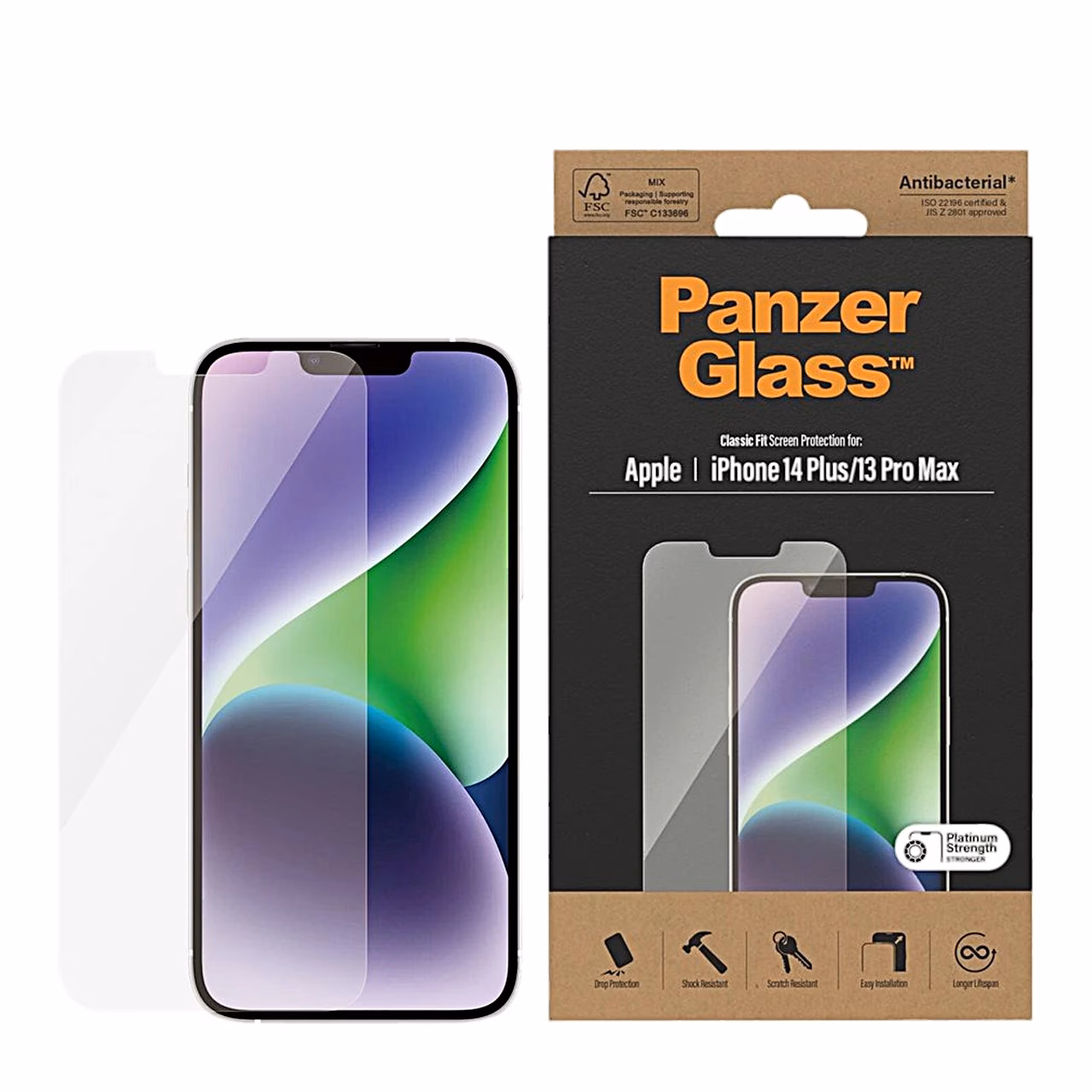 PanzerGlass kaitseklaas iPhone 14 Plus ees koos müügikarbiga