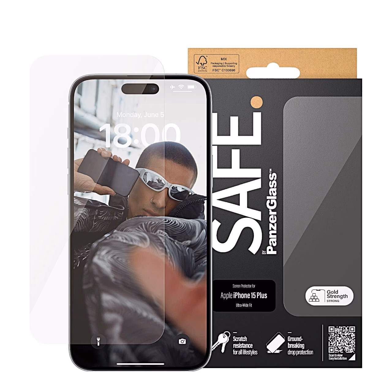 PanzerGlass SAFE kaitseklaas iPhone 15 Plus kõrval koos pakendiga