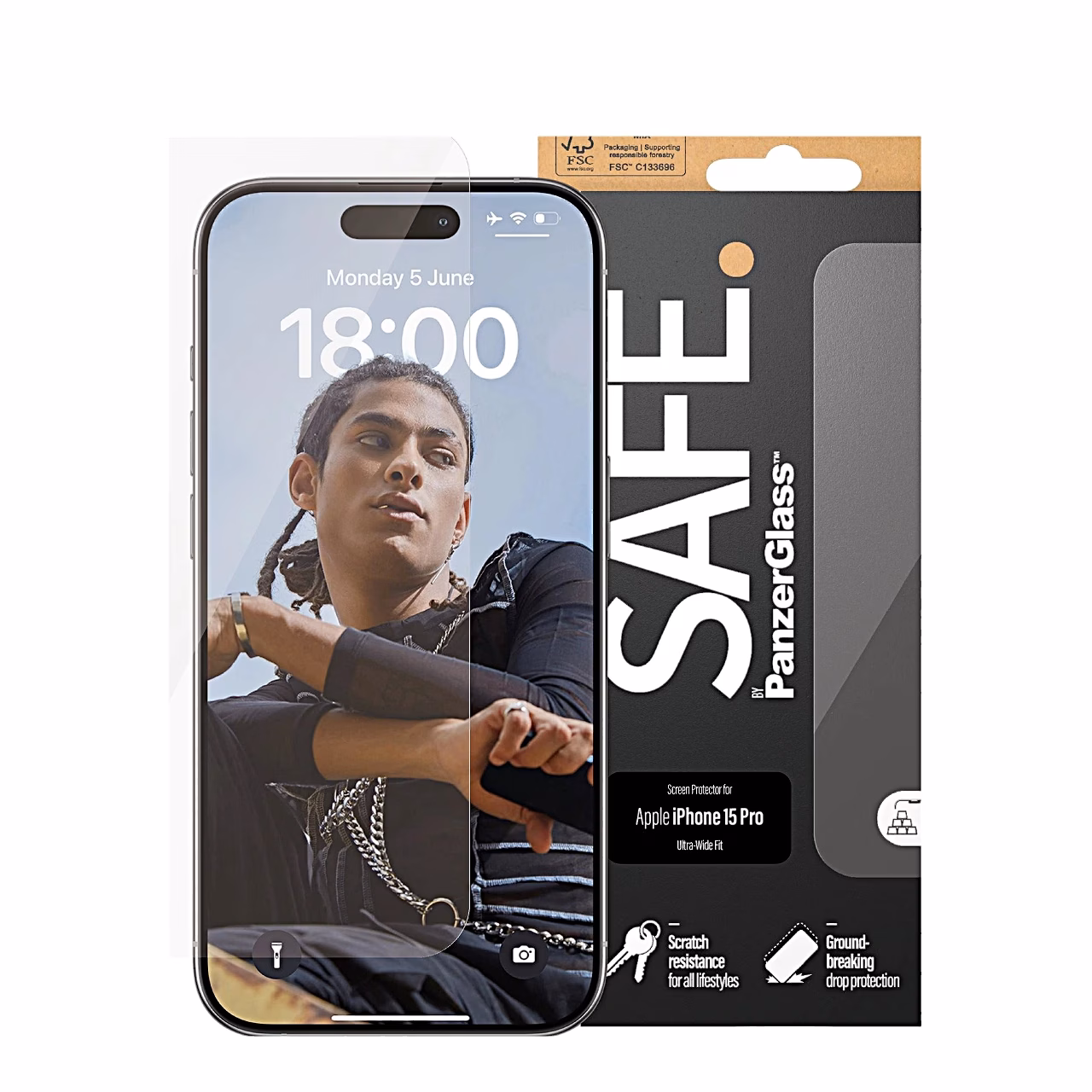 PanzerGlass SAFE kaitseklaas, iPhone 15 Pro ja pakend kõrvuti