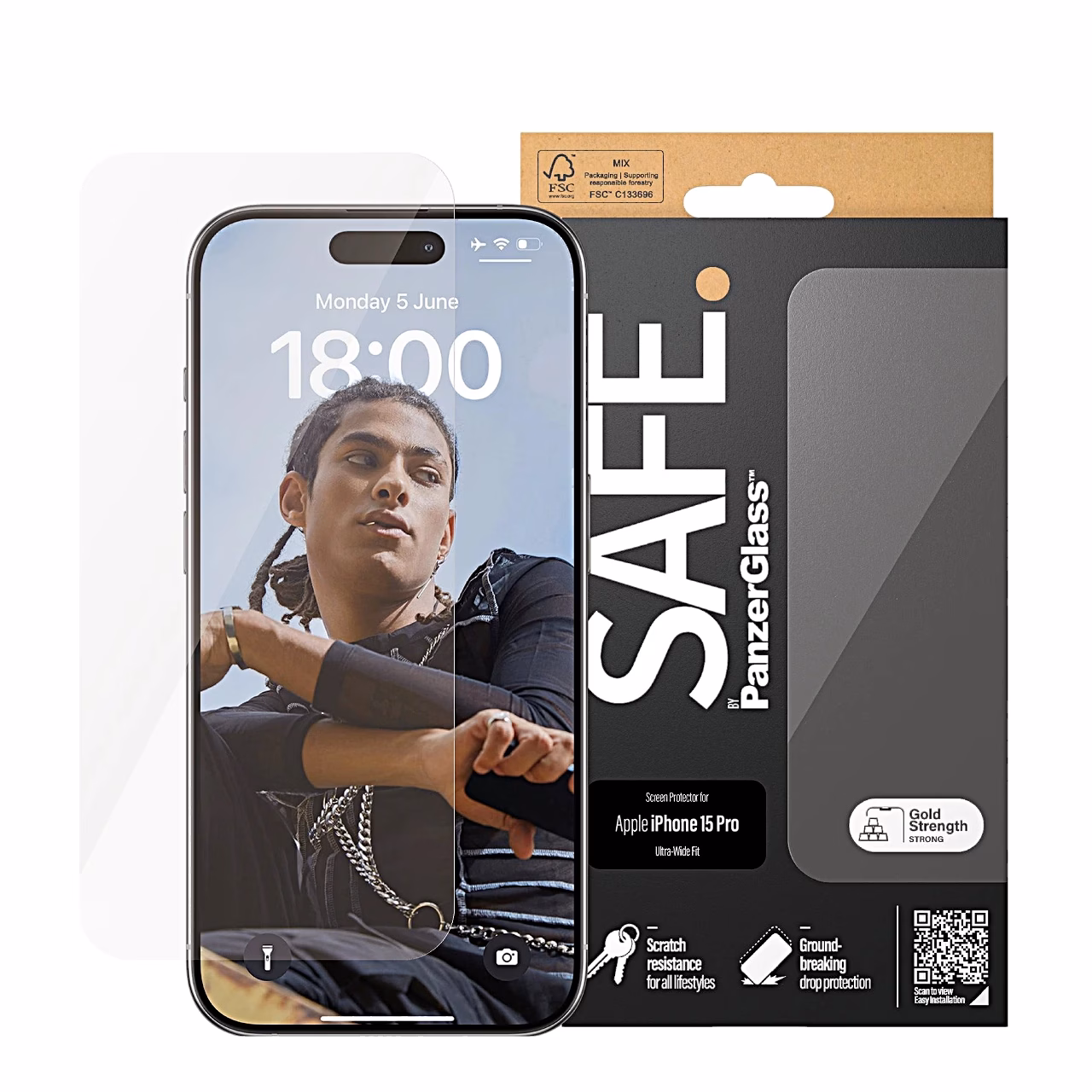 Kaitseklaasi PanzerGlass SAFE pakend koos iPhone 15 Pro telefoniga