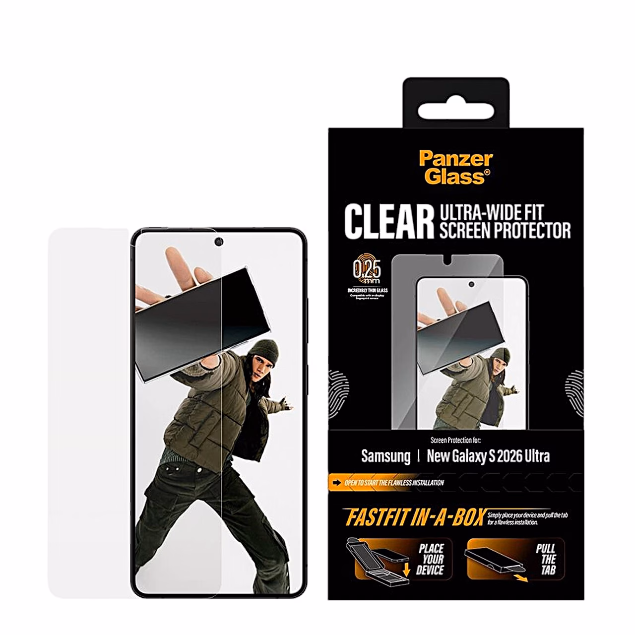 Telefon Galaxy S26 Ultra kaitseklaasiga PanzerGlass ja FastFit pakend kõrvuti
