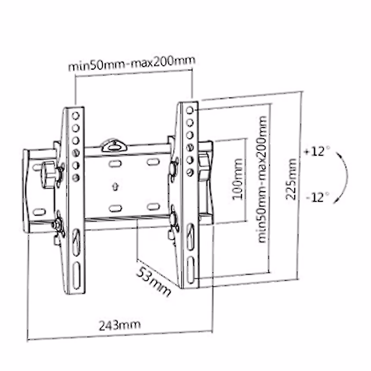 Mõõtjoonis: Gembird WM-42T-02, 243 × 225 mm, kaugus seinast 53 mm, kalle ±12°