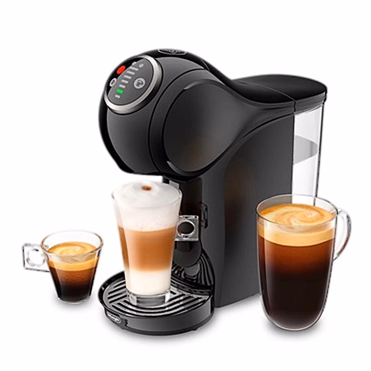 Must De'Longhi Genio S Plus kapselkohvimasin espresso, latte ja kohviklaasiga