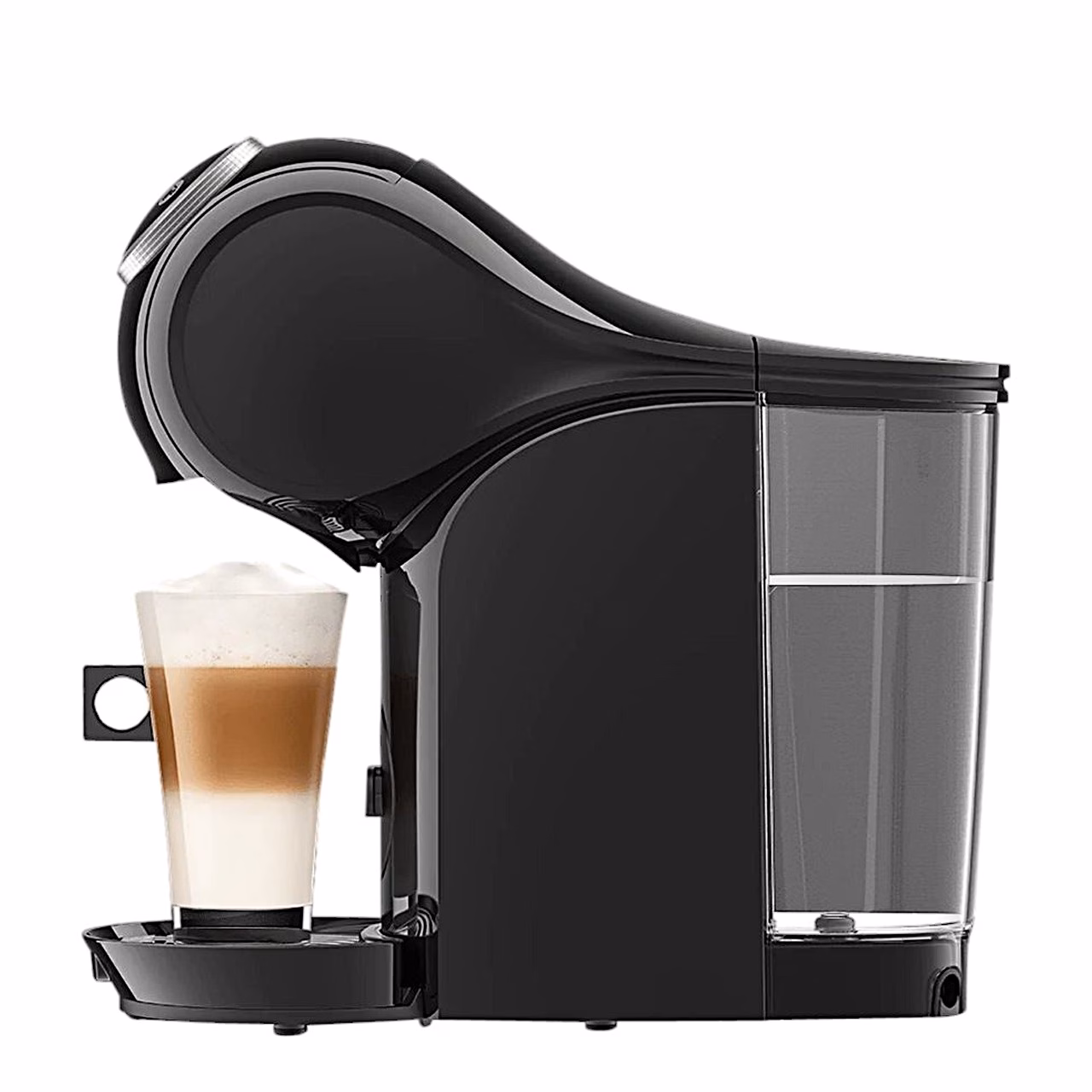De'Longhi Genio S Plus külgvaates läbipaistva veepaagi ja klaasiga