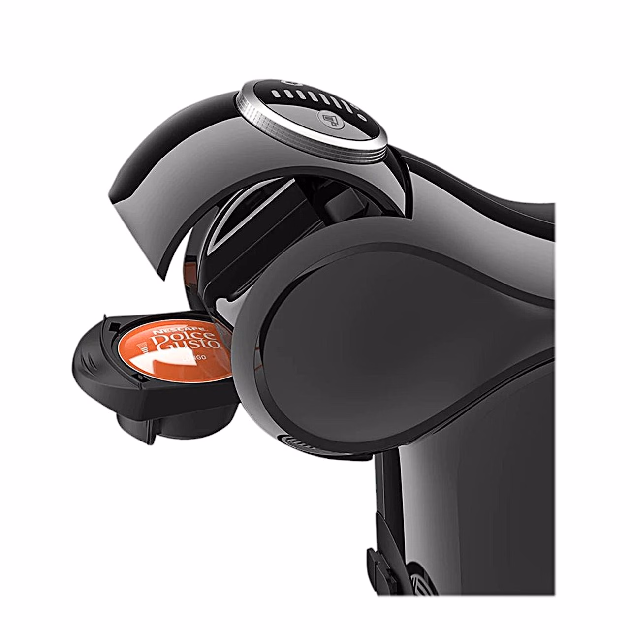 De'Longhi Genio S Plus avatud lukustuskäepideme ja Dolce Gusto kapsliga hoidjas
