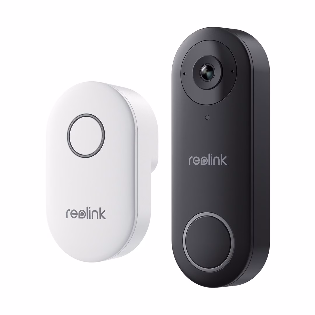 Must videouksekell Reolink D340W ja valge kelluke kõrvuti